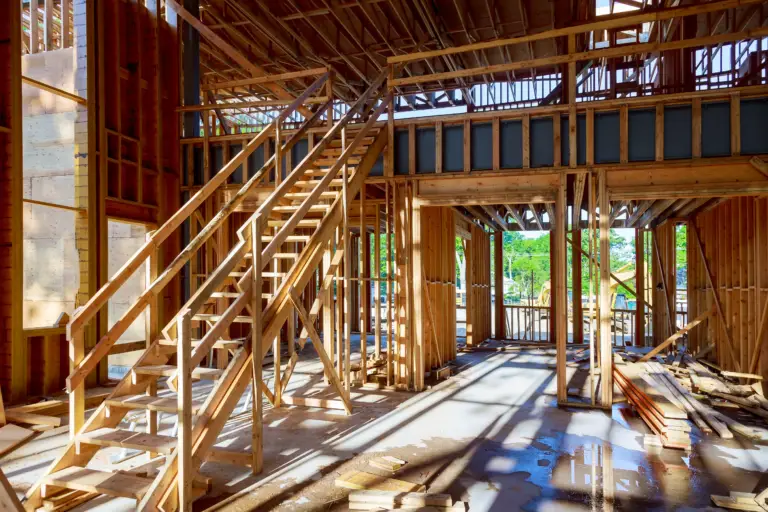 wood frame interior of new house under construction