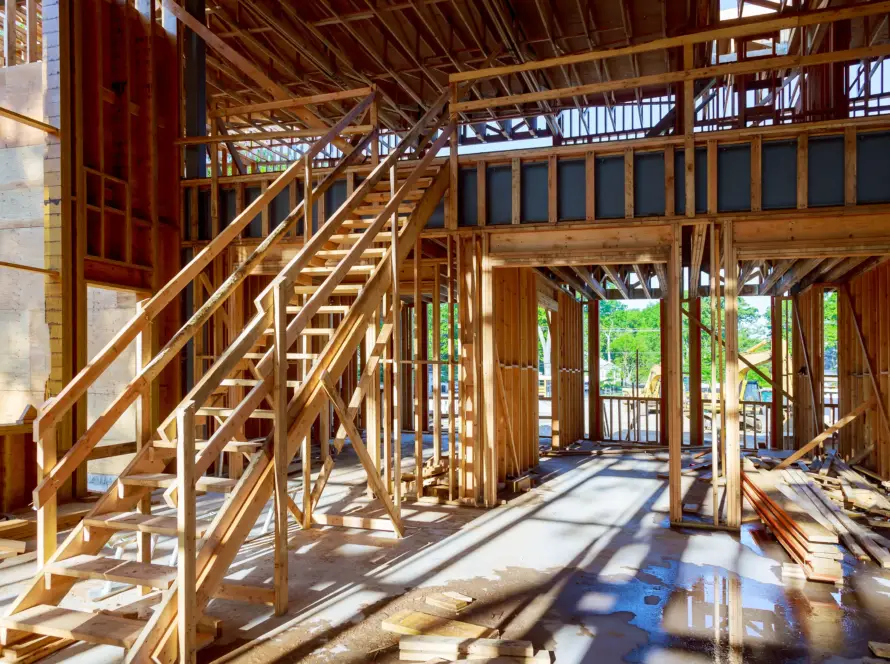 wood frame interior of new house under construction